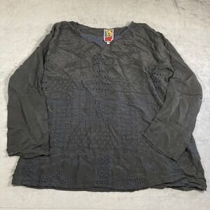 Johnny Was Women XL Gray Cupra Rayon Eyelet Embroidered Lace V-Neck Blouse Top